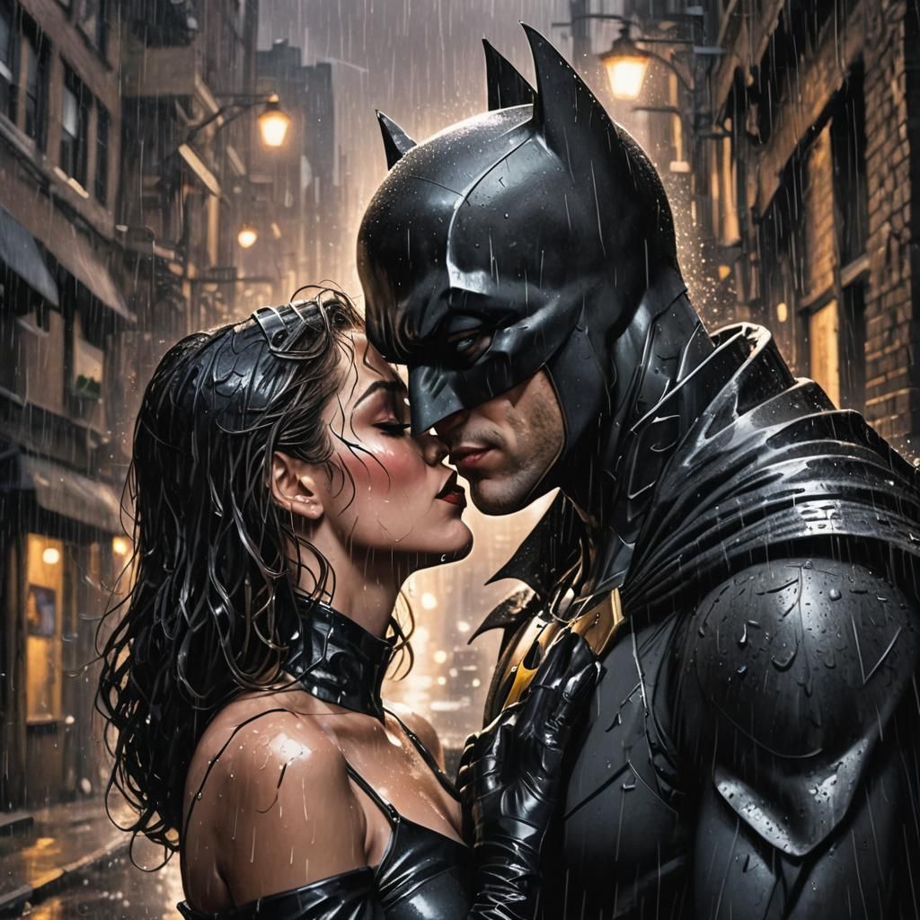 Passionate Kissing Batman and Catwoman Under the Rainy Gotha...
