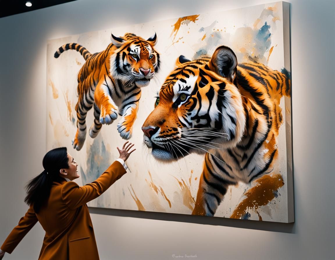 A real tiger leaping out of a painting in a museum
