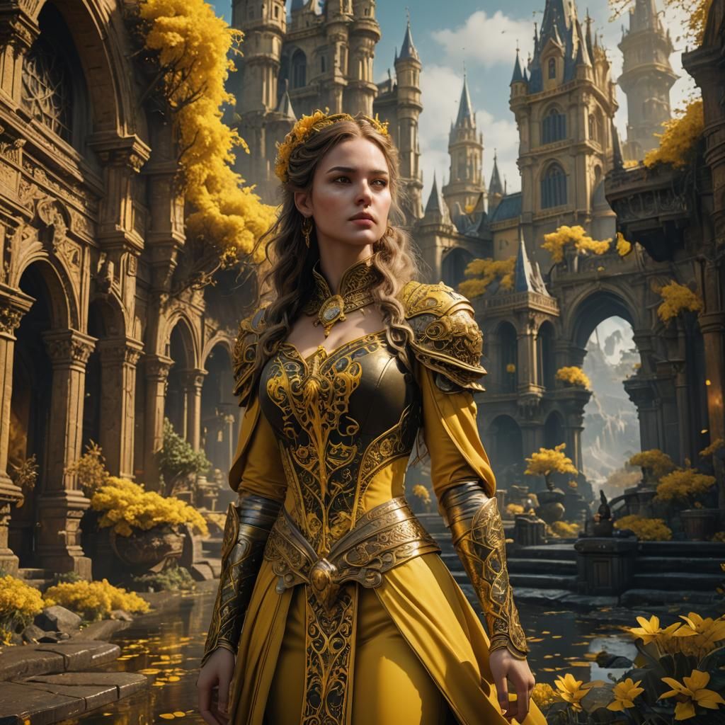 Vibrant Young Fantasy Woman in a Whimsical Yellow World