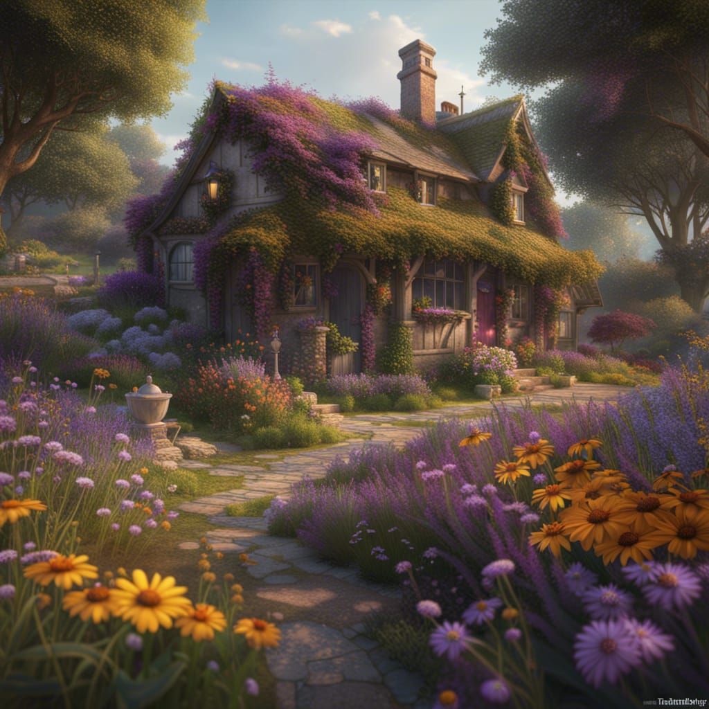 Whimsical Cottage Garden Scene in Detailed Fantasy Art Style