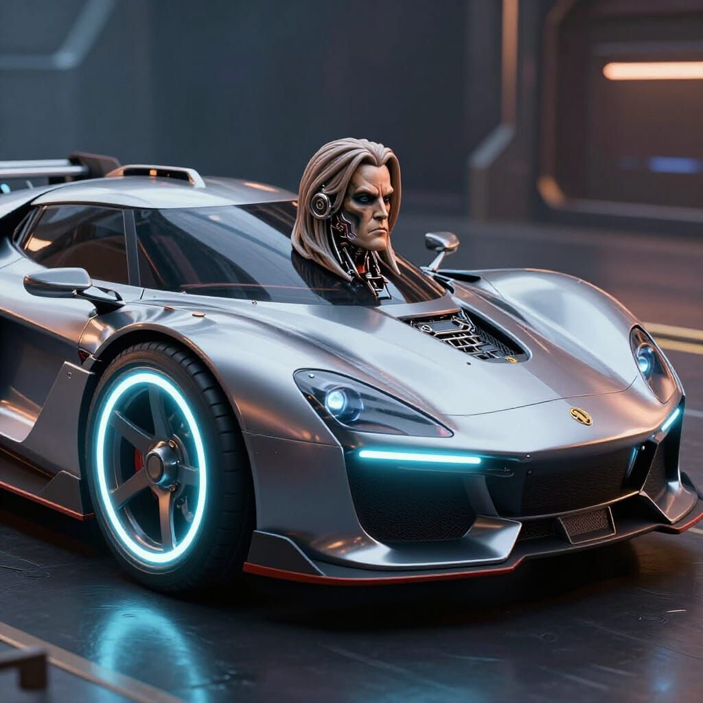Futuristic Cyber Car with Ozzy Osbourne Hood Ornament
