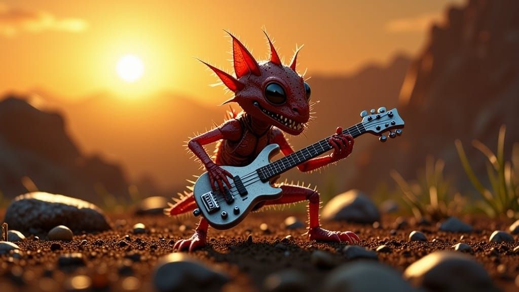 Fiery, Scale-Covered Creature Plays Miniature Bass Guitar