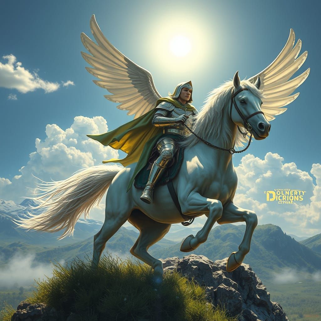 Knight on Pegasus Flies Over Green Valley