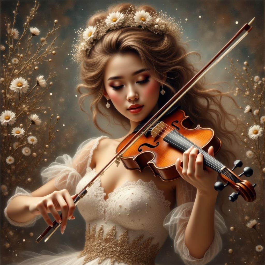 Woman Playing Violin in Grungy Oil Painting Style
