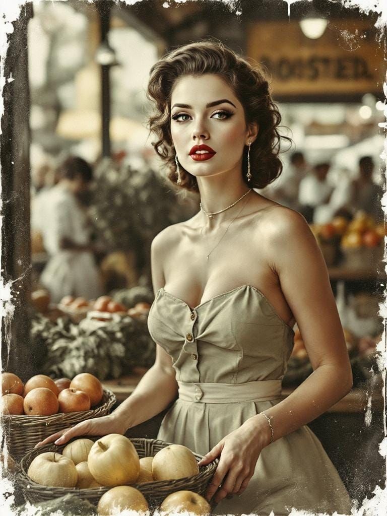 Italian Pin-Up Housewife at Market in Polaroid Style