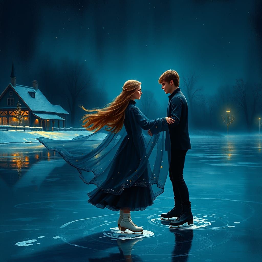 Romantic Village Ice Skating Scene in Rembrandt Style