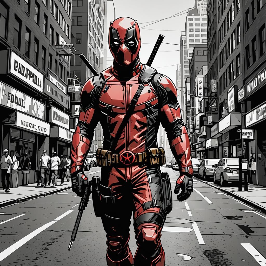 Deadpool Line Art on City Street