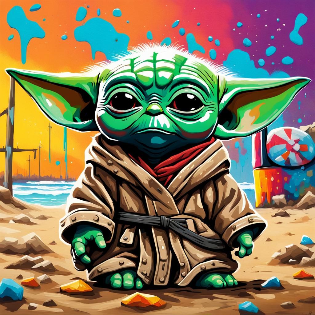 Surreal Beachside Baby Yoda in Vibrant Graffiti Style
