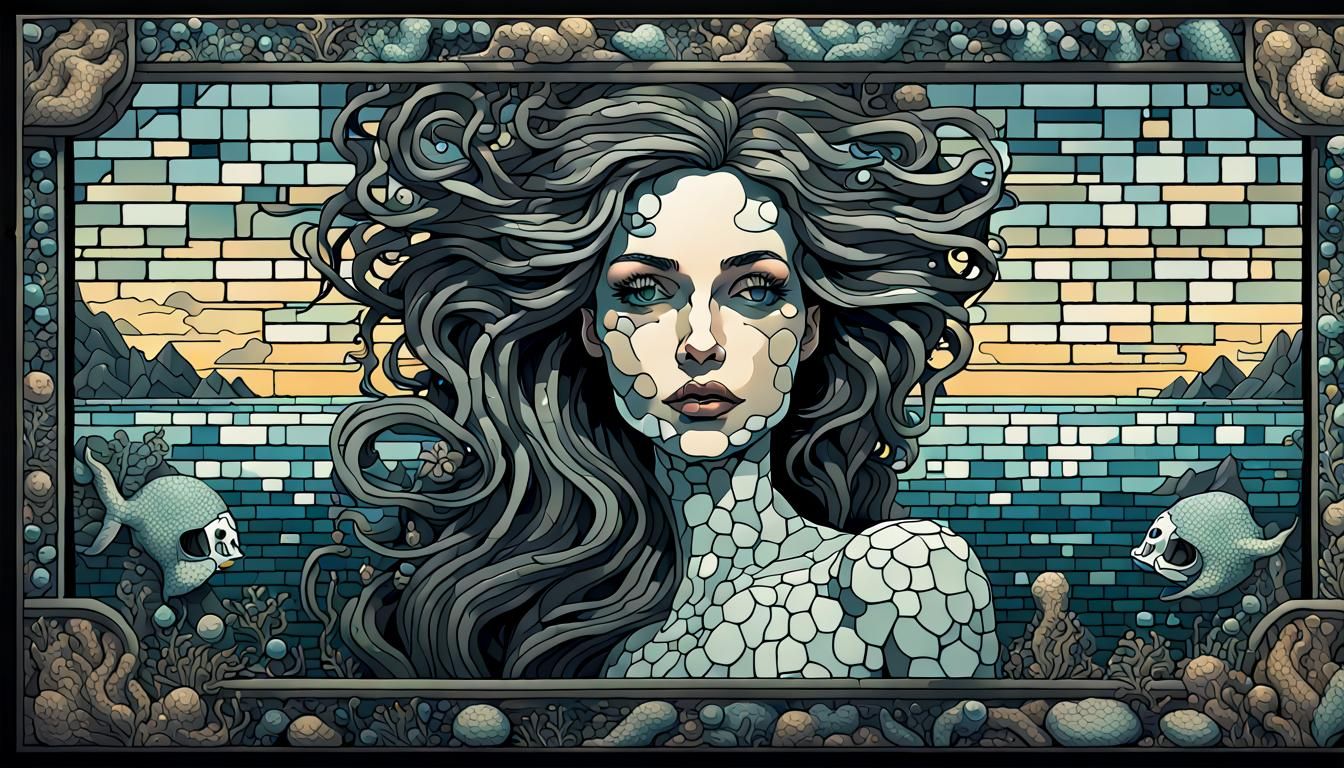 Surreal Mermaid Mosaic in Macabre, Otherworldly Realism