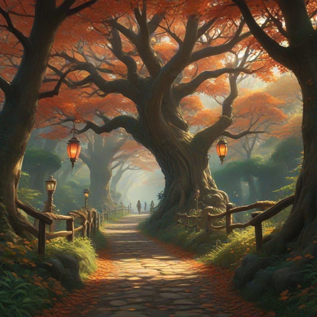 Enchanted Autumn Forest Path with Glowing Lanterns