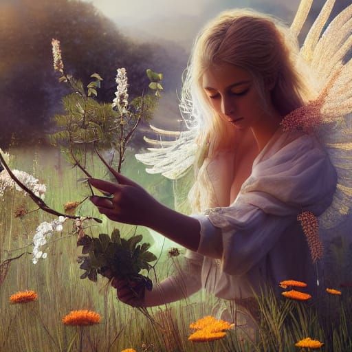 Beautiful Blonde Woman Harvests Flowers in Morninglit Meadow