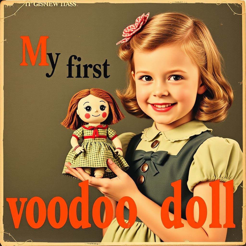 Vintage Girl with Adorable Voodoo Doll in Bold Font