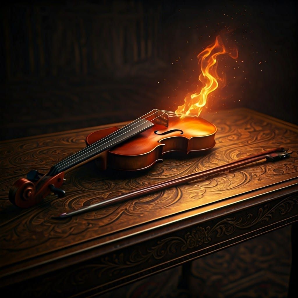 Luminous Violin on Ornate Table in Cinematic Style