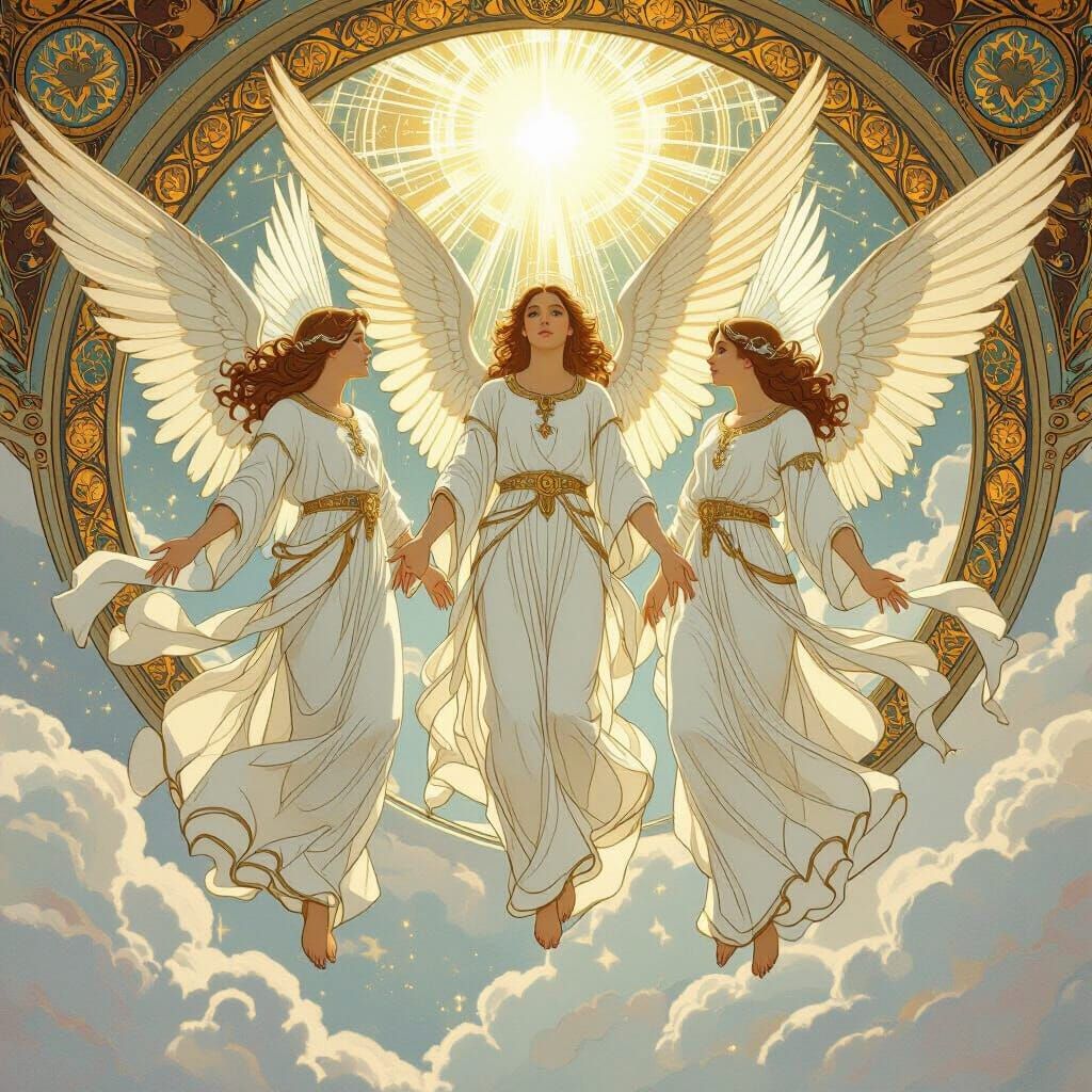 Angelic Descent: Art Nouveau Style Heavenly Scene