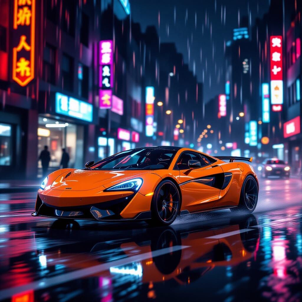 Orange McLaren Sports Car in Neon-Lit Rainy City Night