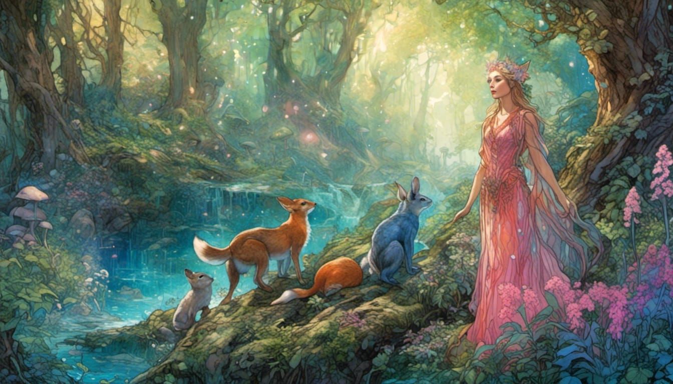 Ethereal Goddess of the Luminous Forest in Cyberpunk Style