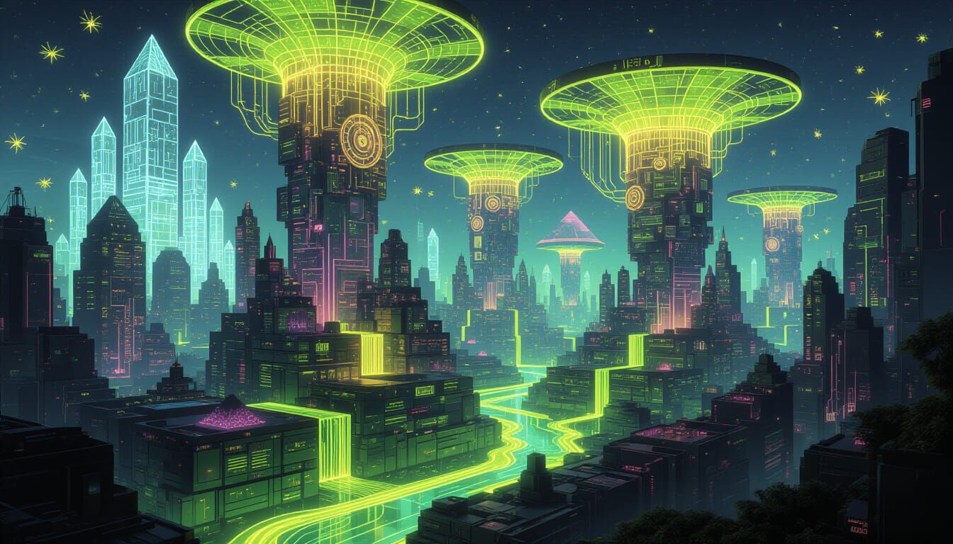 Surreal Neon Cityscape With Organic & Mechanical Fusion