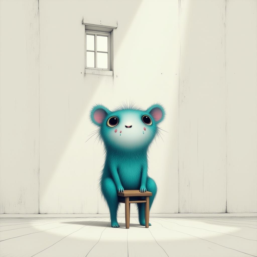 Melancholic Feline-Bear Creature in White Room