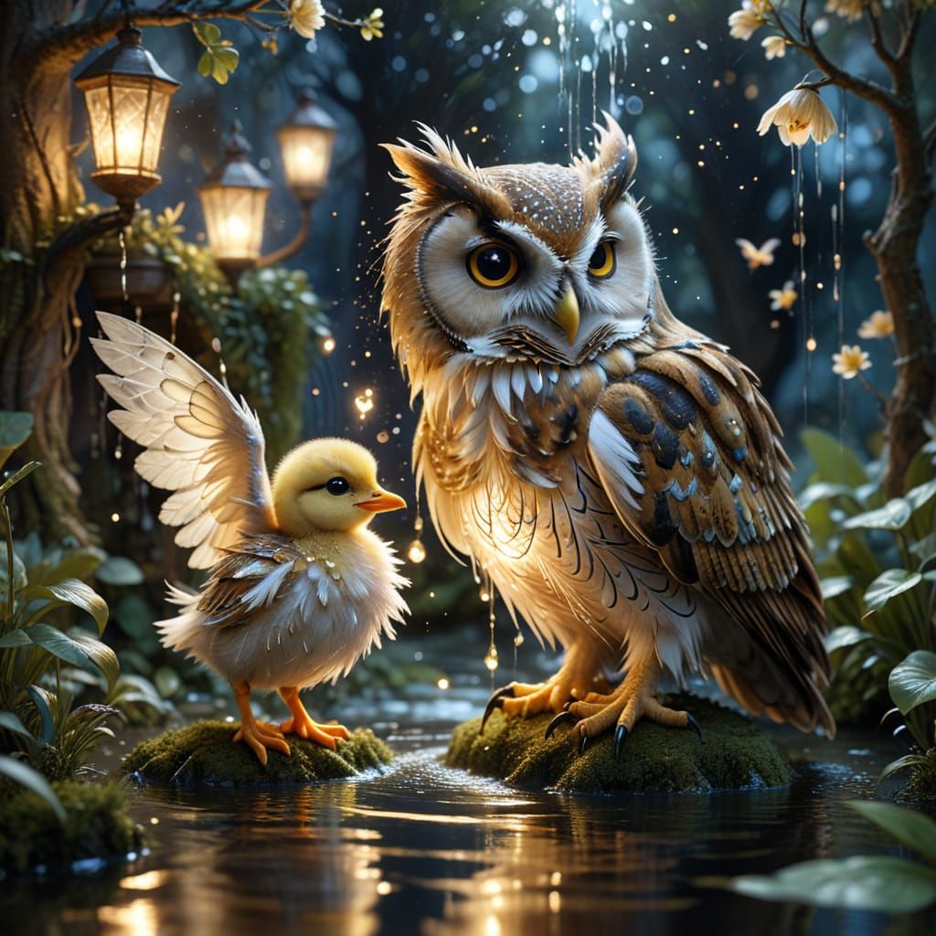 Fantasy Owl and Duckling Magic in Moonlit Courtyard