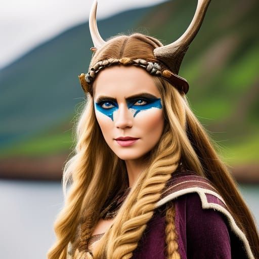Regal Medieval Viking Maiden in Vibrant Fjord Landscape