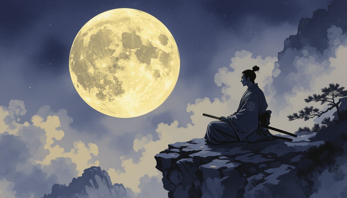 Samurai Meditation Under Moon in Sumi-e Style