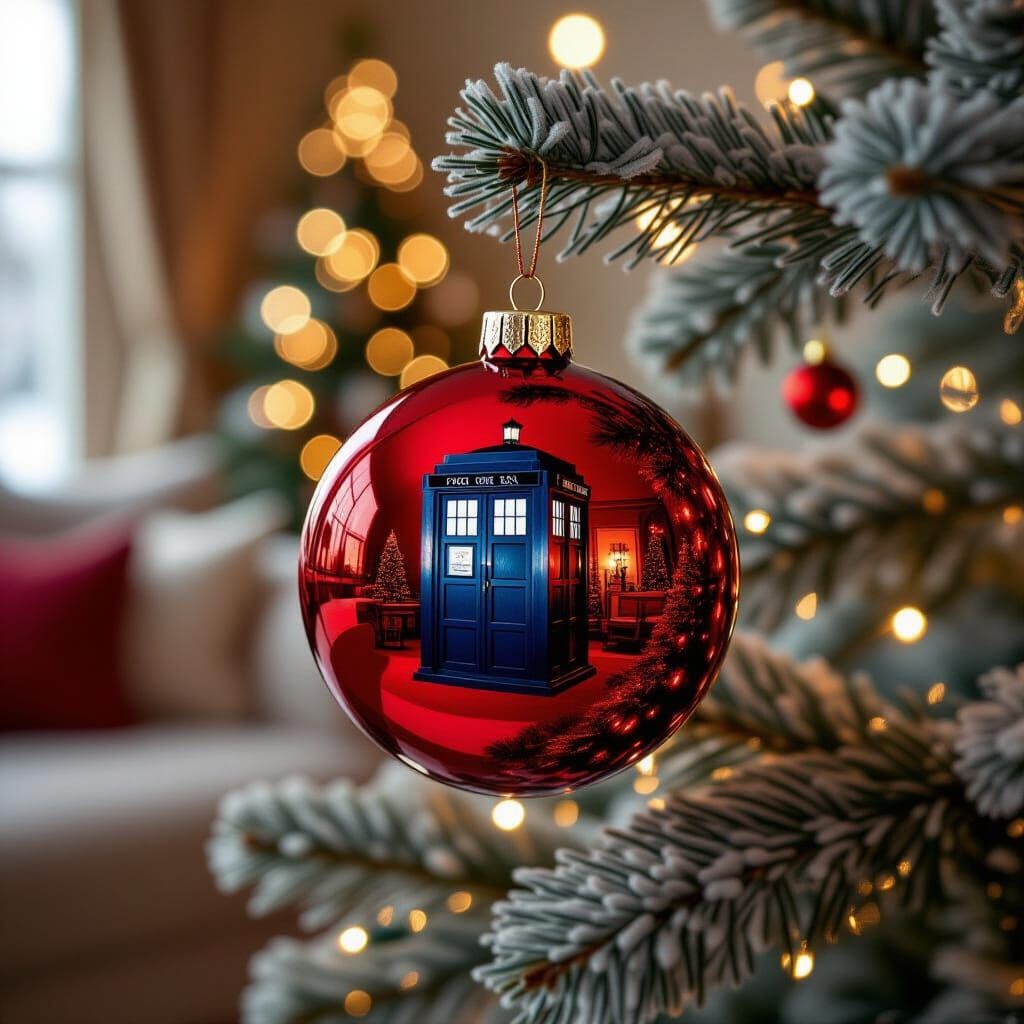 Red Christmas Bauble Reflects Distorted TARDIS on Frosted Br...