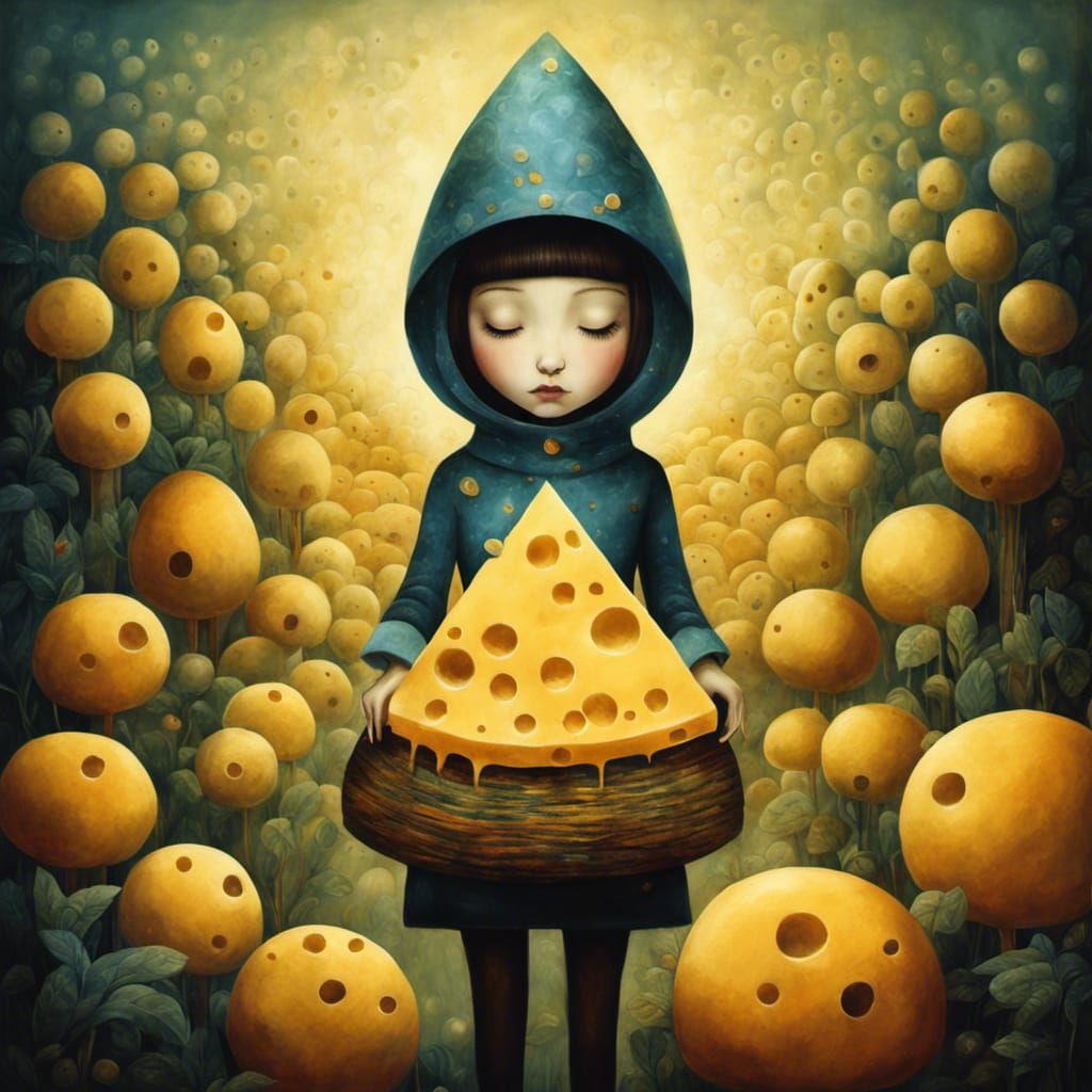 Girl Surrounded by Whimsical Cheese Wonderland