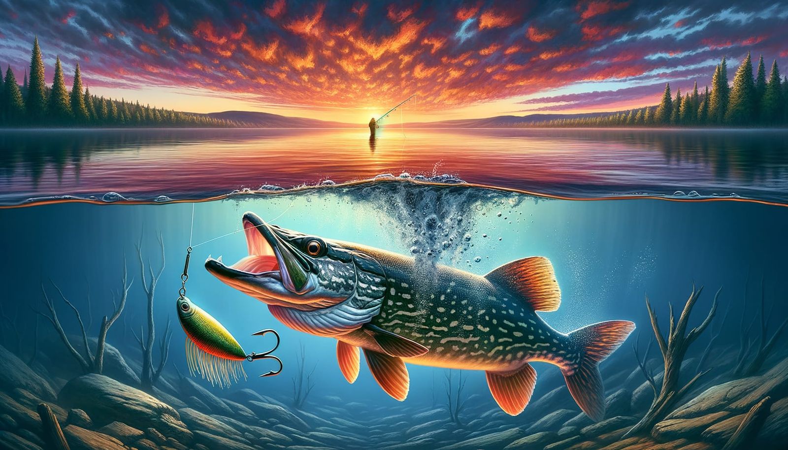 Fishing Thrills: Pike Leaps into Sunset Serenity