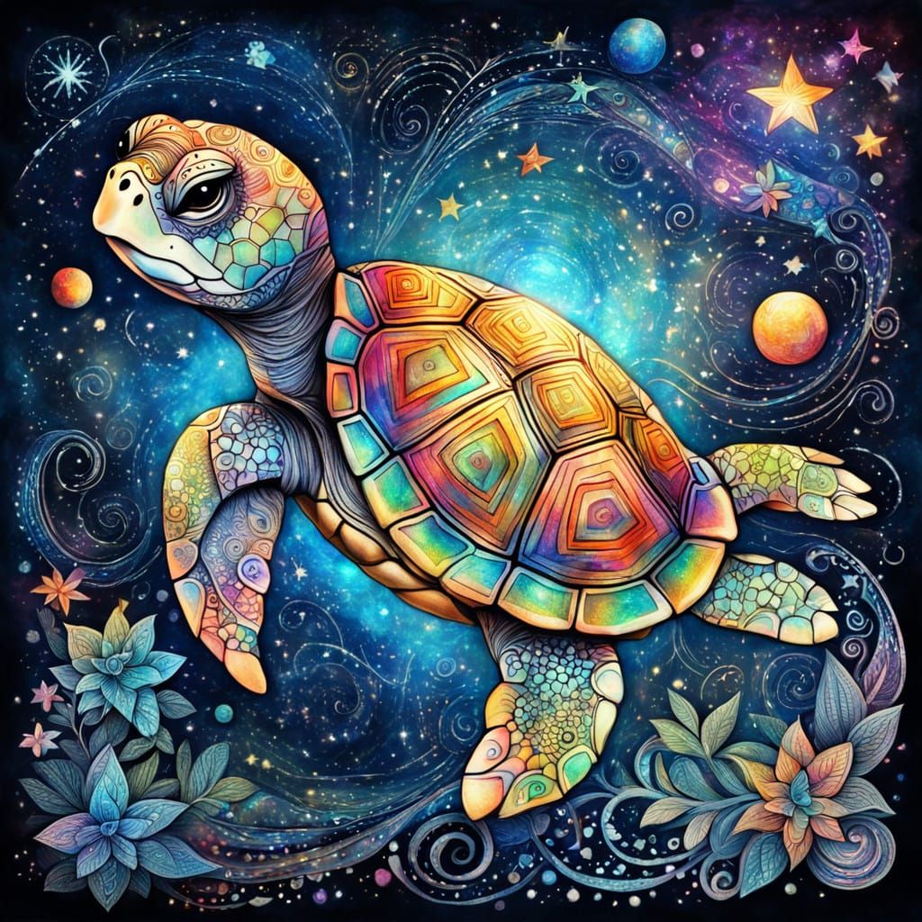 Whimsical Turtle in Celestial Swirls