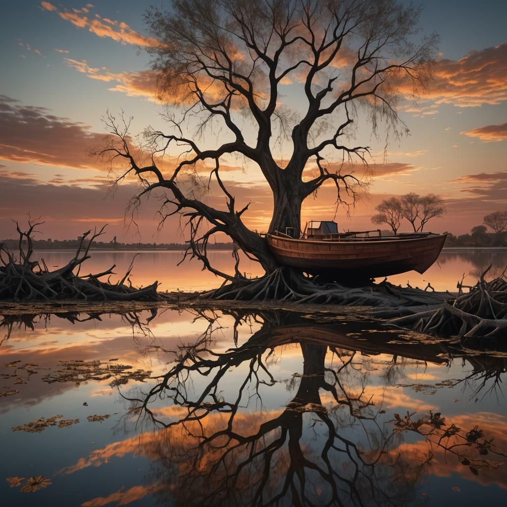 Still Lagoon Sunset Reflecting Tree and Boat