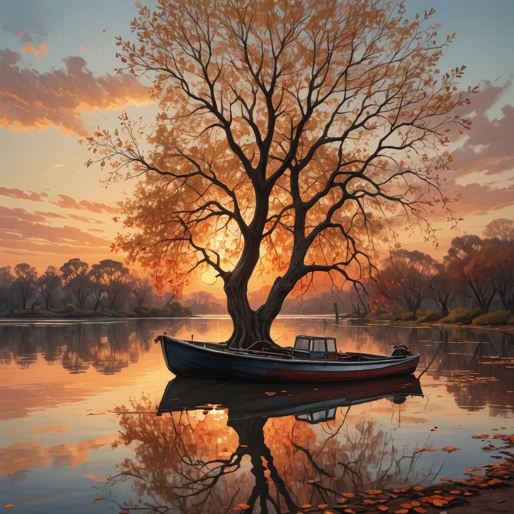 Sunset Lagoon: Tree and Boat in Oil Painting Style
