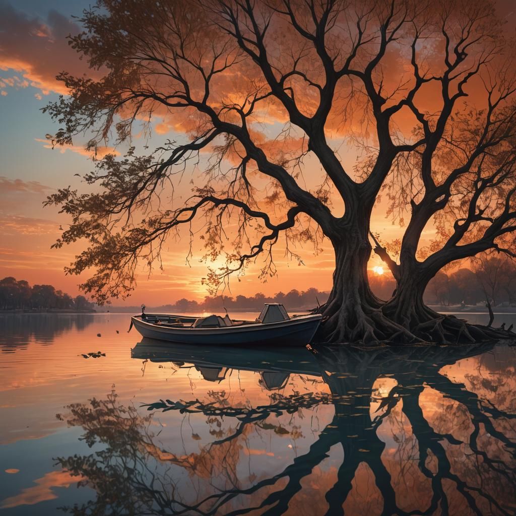 Serene Sunset Lagoon Reflection: Digital Art Masterpiece