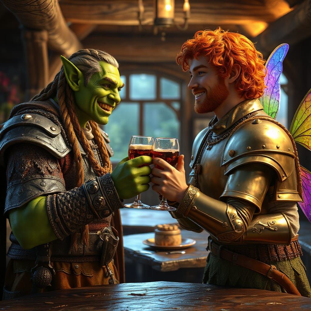 Ork and Fairy Celebrate in 3D Fantasy Art