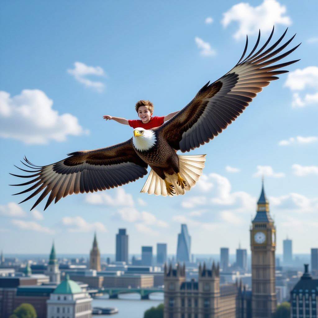 Heroic Boy Rides Giant Eagle Over London Skies