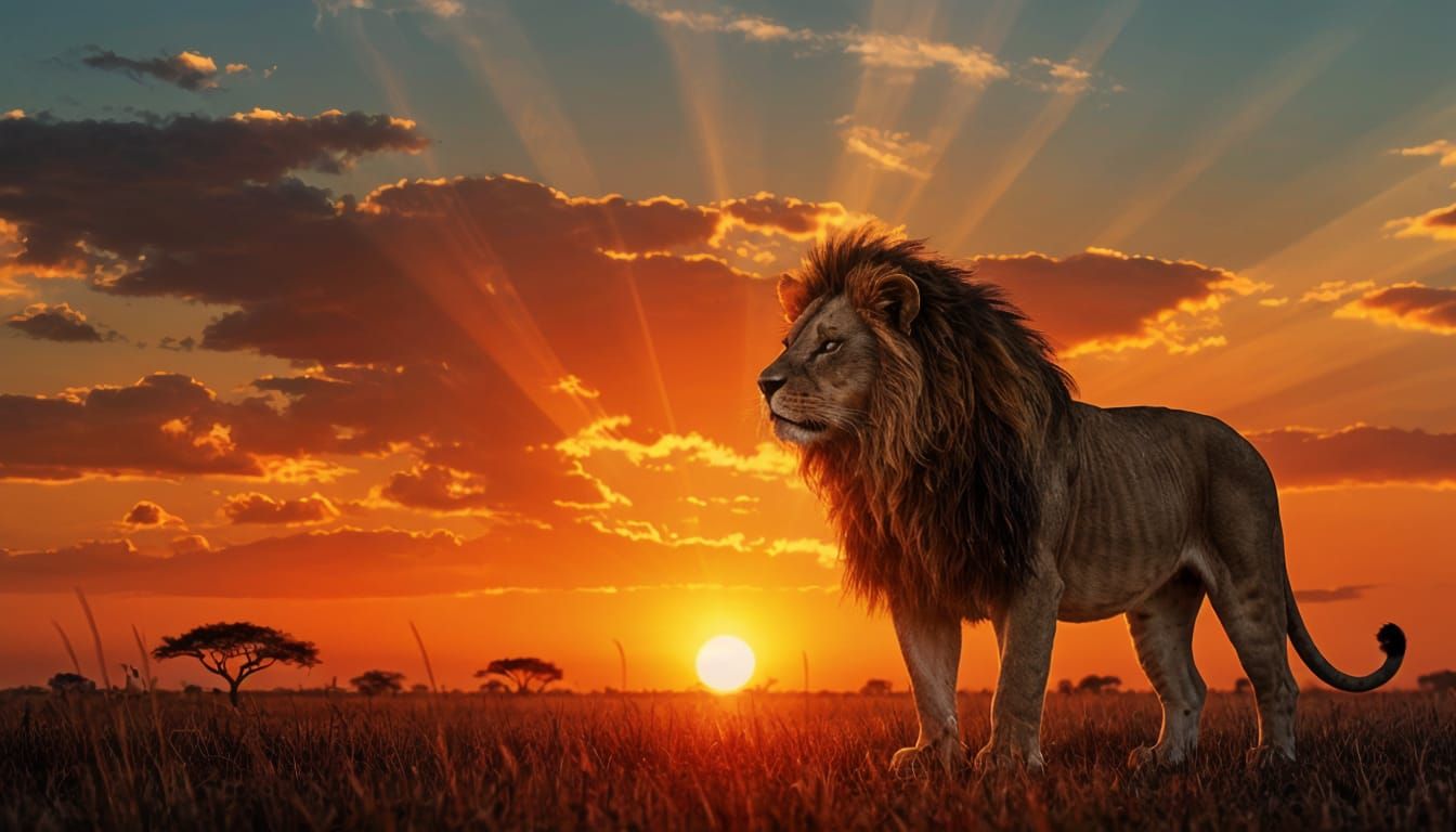 Lion in African Sunset: Hyperrealistic Double Exposure