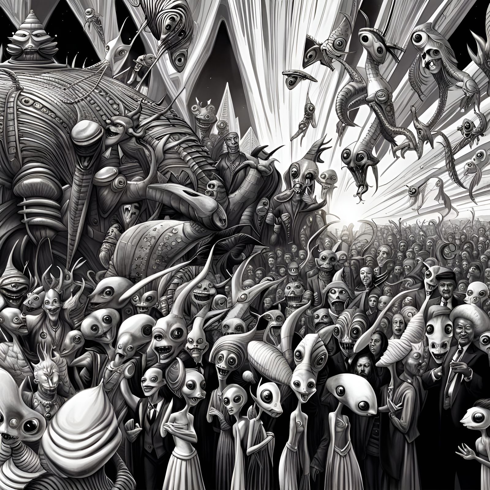 Diverse Alien Partygoers in a Vibrant, Photorealistic Scene