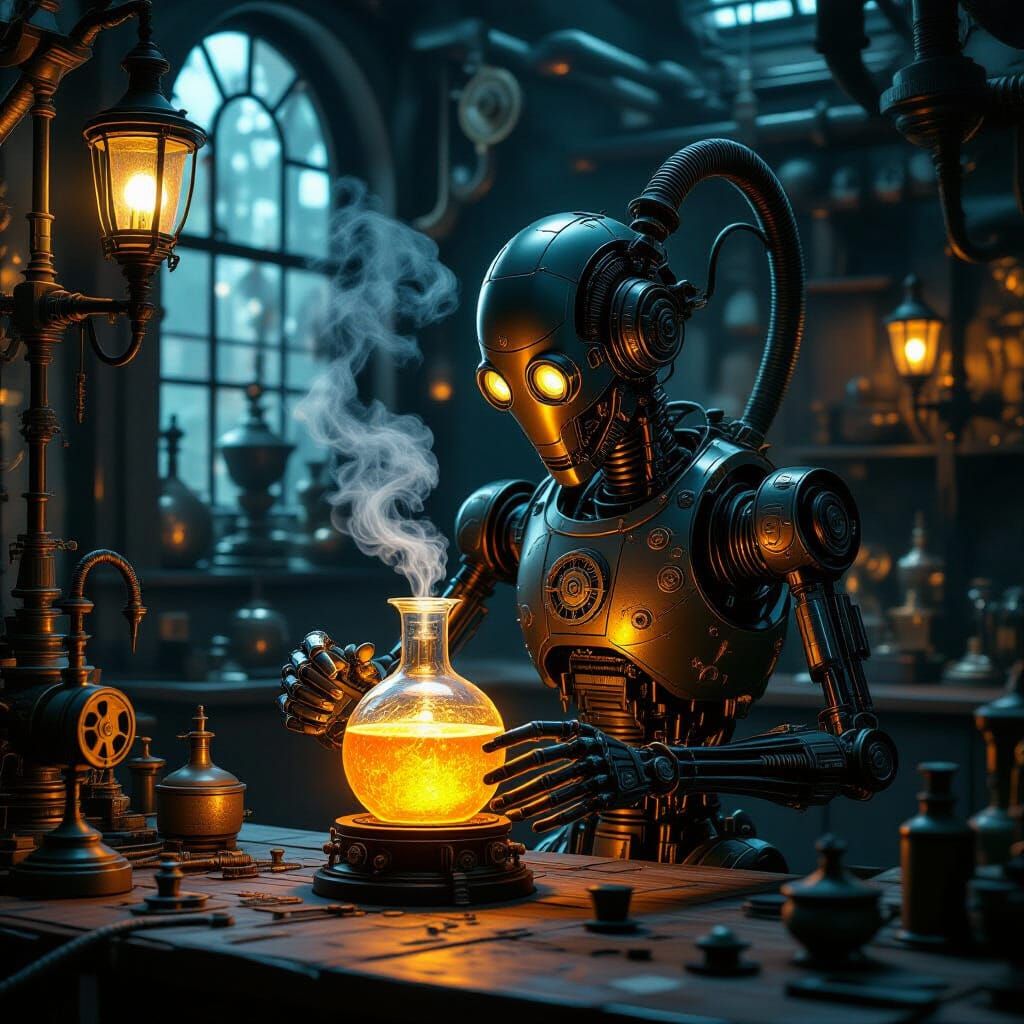 Steampunk Automaton Brews Glowing Elixir in Victorian Worksh...