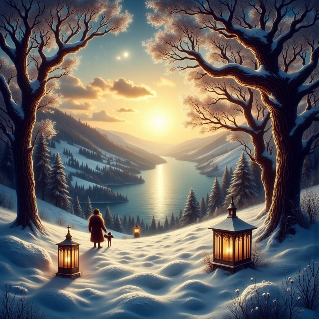 Whimsical Winter Wonderland in Golden Sunset