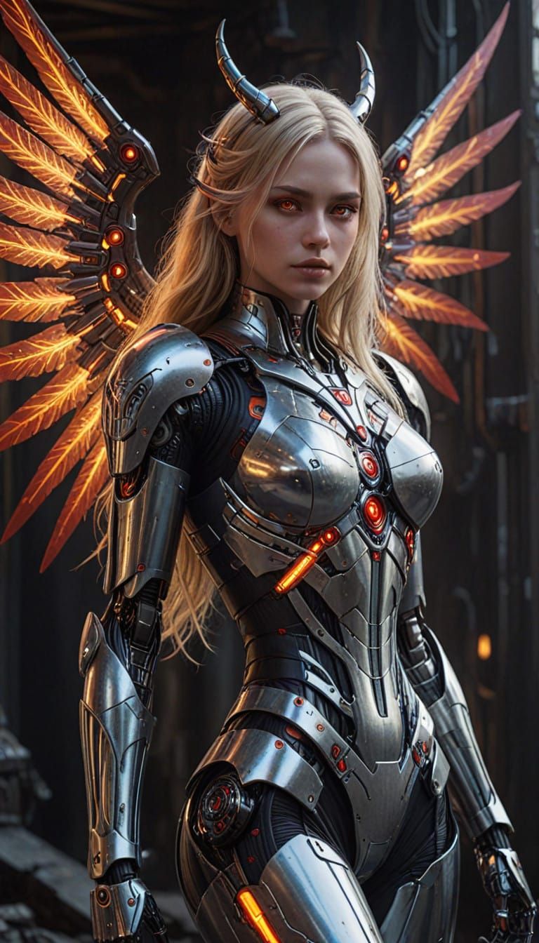 Cyberpunk Goddess with Mechanical Wings and Horns
