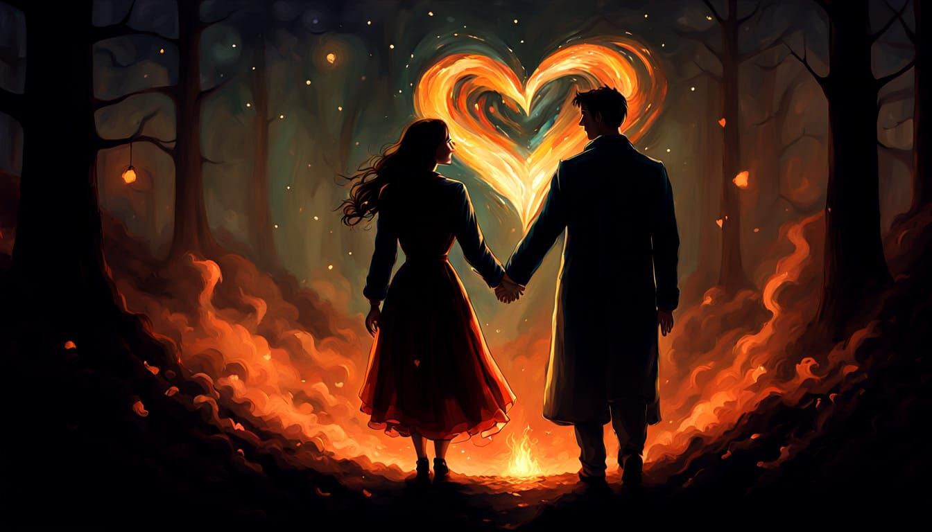 Couple Embraces Under Starry Night in Vibrant Oil Painting