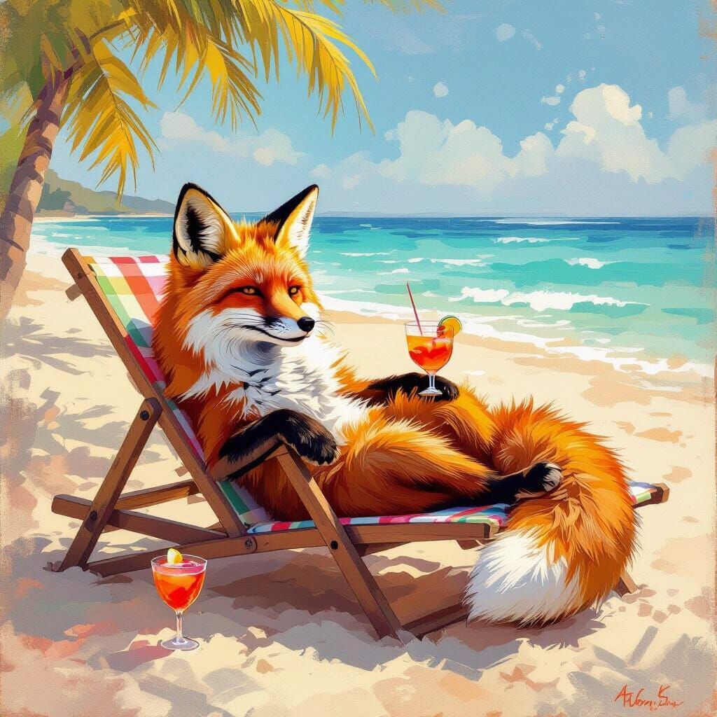Fox Lounging on Beach as Airbrush Painting