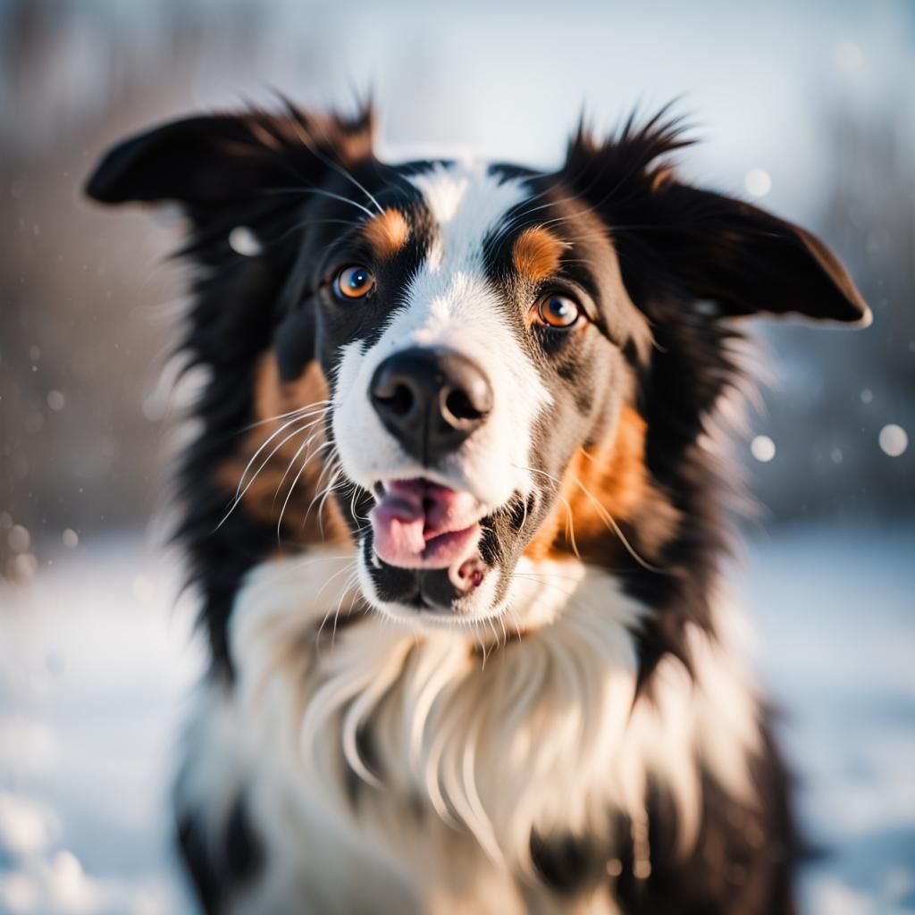 Border Collie in Winter Wonderland with Hyperrealistic Bokeh