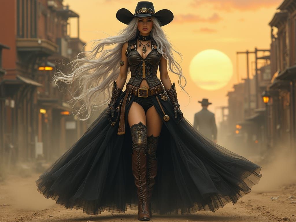Steampunk Cowgirl in Elegant Black Gown with Industrial Acce...