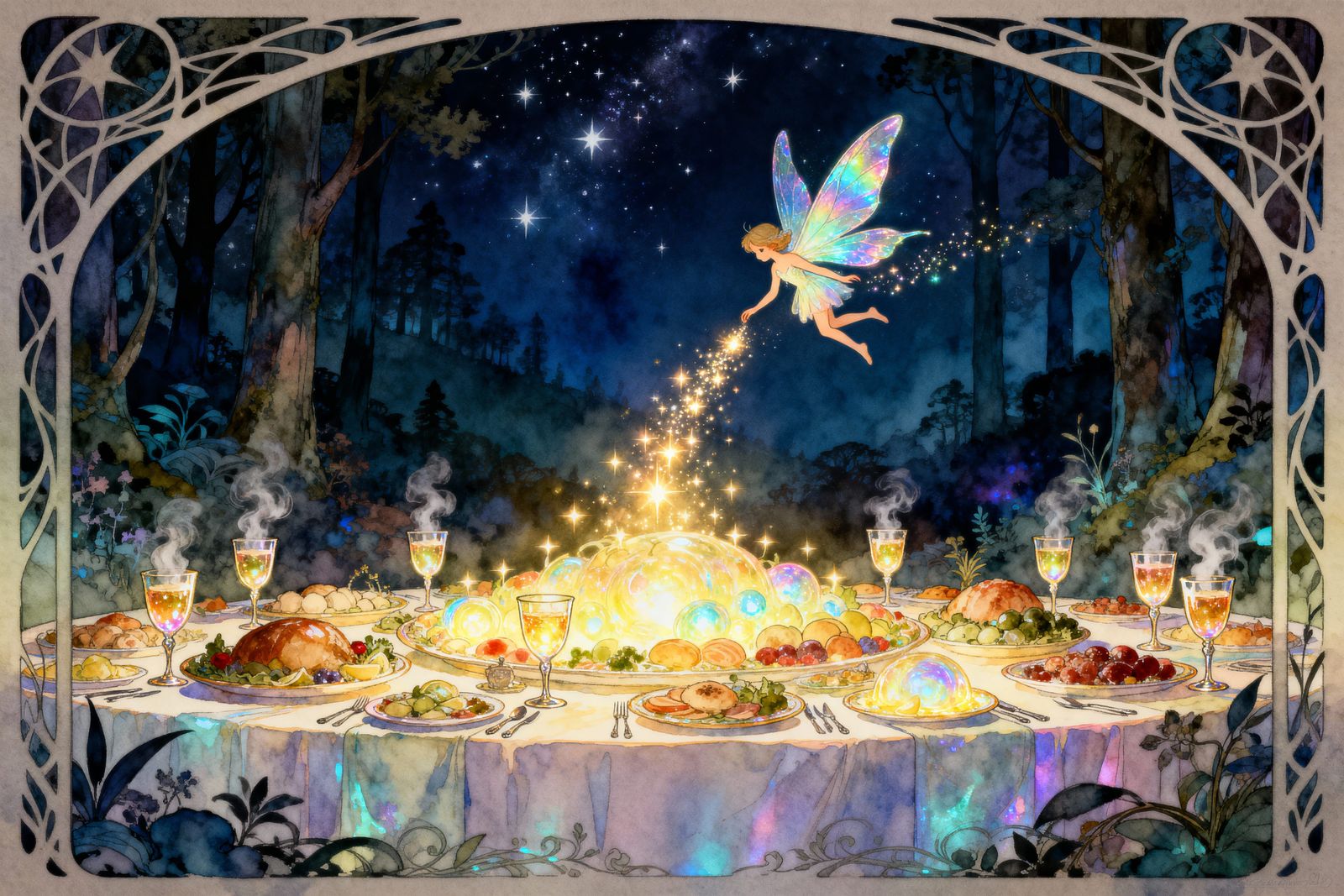 Ethereal Fairy Over Magical Feast in Art Nouveau Style