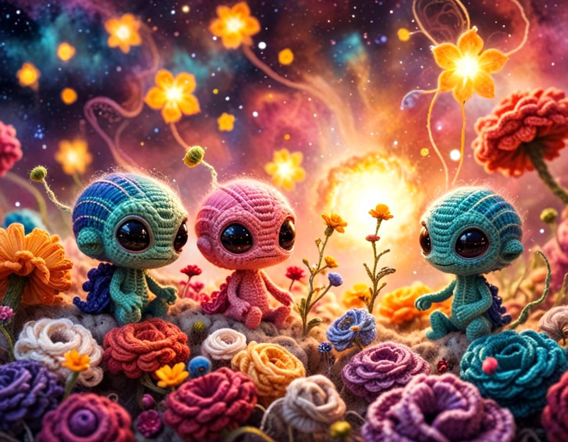 Cute Yarn Galaxy with Chibi Aliens and Flowers