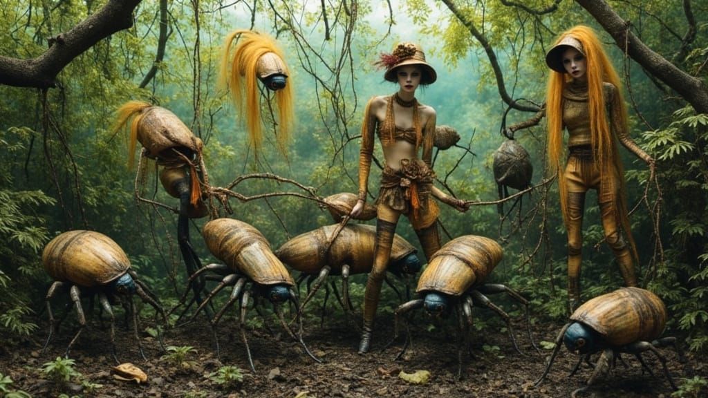 Tribe Riding Giant Insects in Lush Jungle