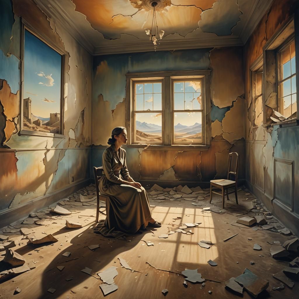Surreal Oil Painting of a Woman in a Faded Room