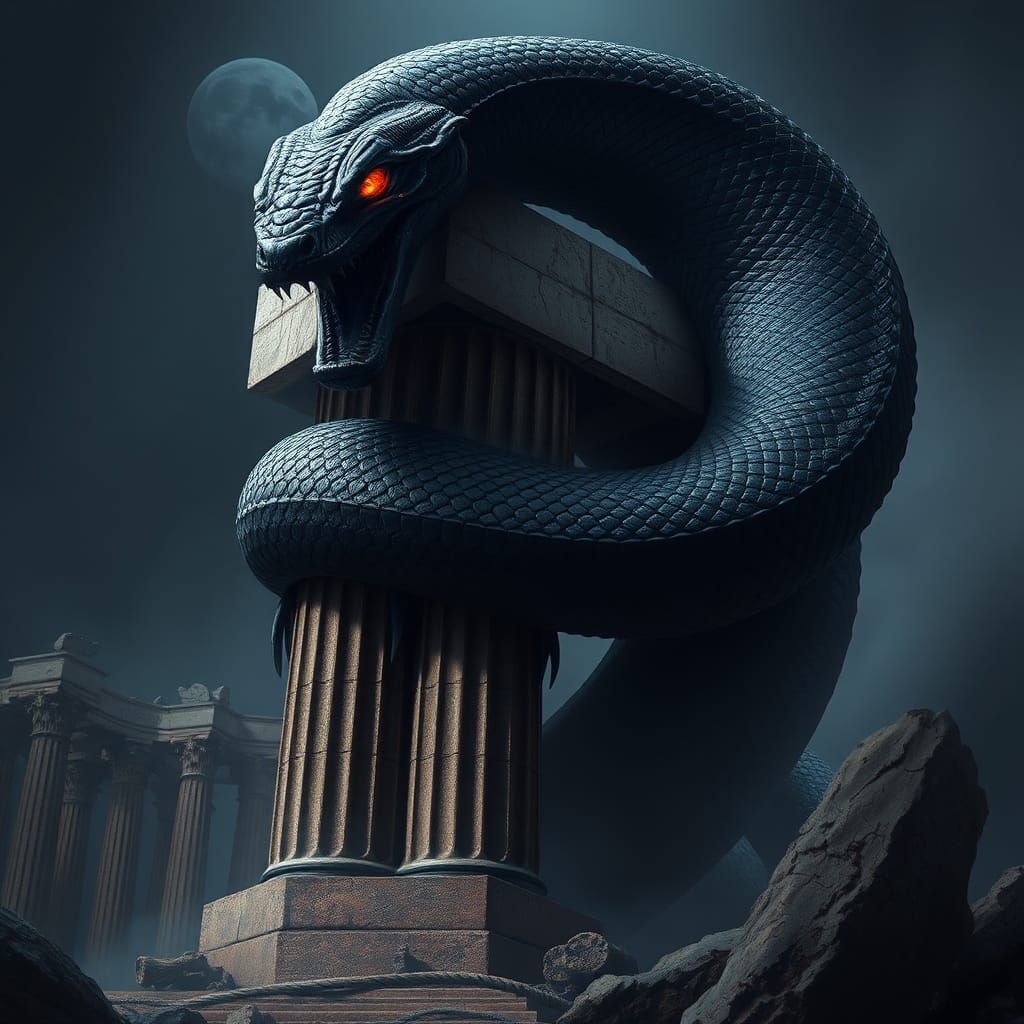 Ancient Greek Giant Serpent Wraps Around Crumbling Column