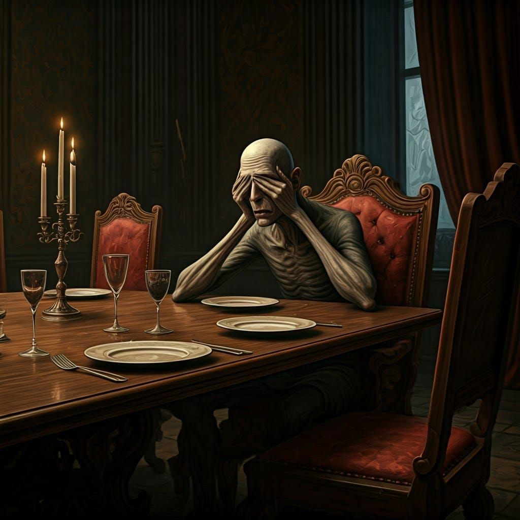 Distorted Figure Sits in Ornate Chair, Eyes in Palms, in a D...