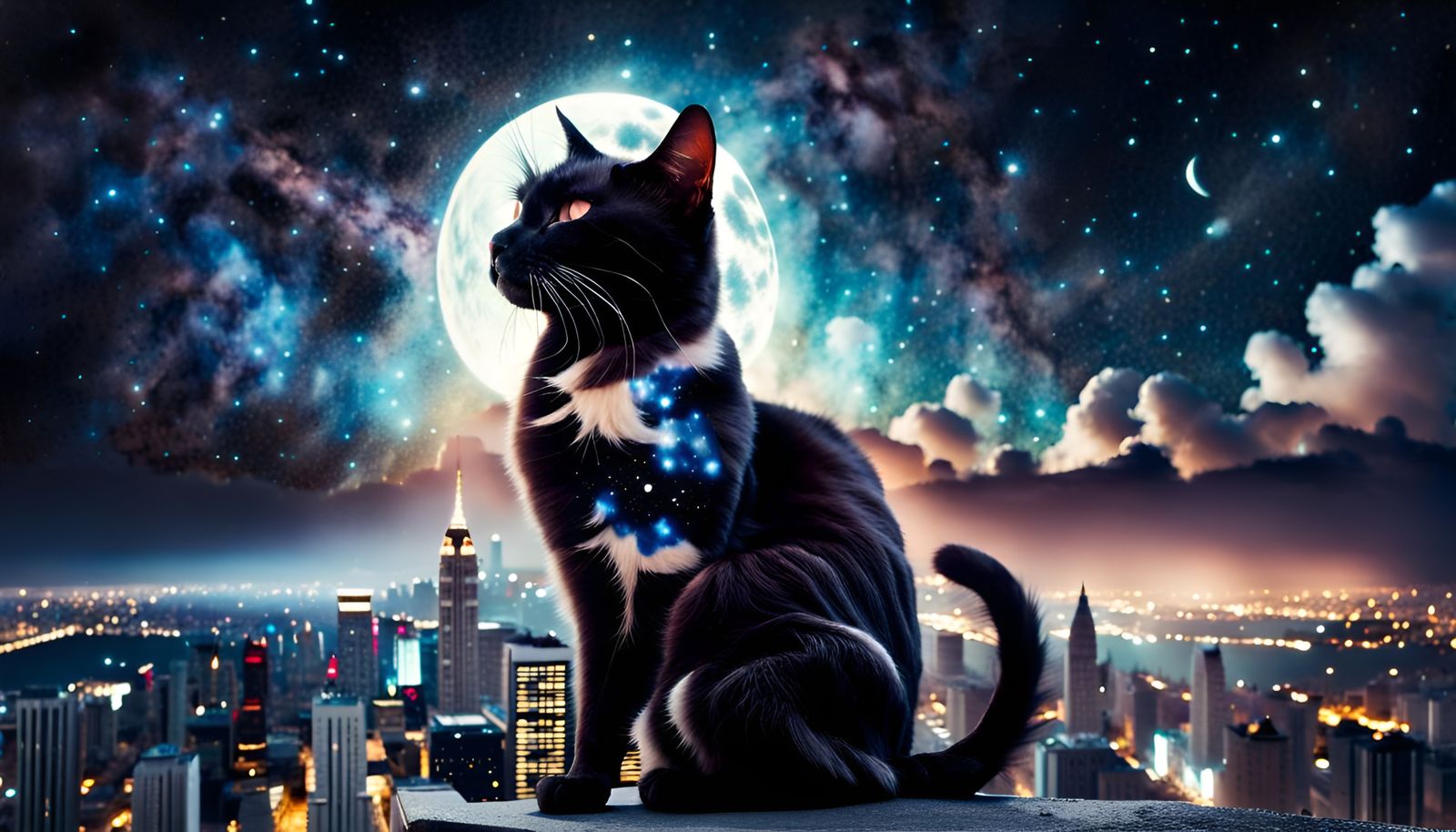 Cosmic Black Cat Double Exposure Over City